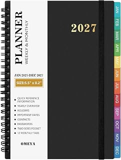 Agenda 2027: Weekly and Monthly Planner, Jan-Dec, 5.5 x 8.2 in, Black | 2027 Planner, Flexible Cover with Monthly Tabs, Thick Paper and Inner Pocket for School, Office and Daily Planning