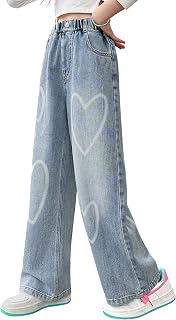 Rolanko Girls Jeans Wide Denim Trousers Elastic Waist for Children