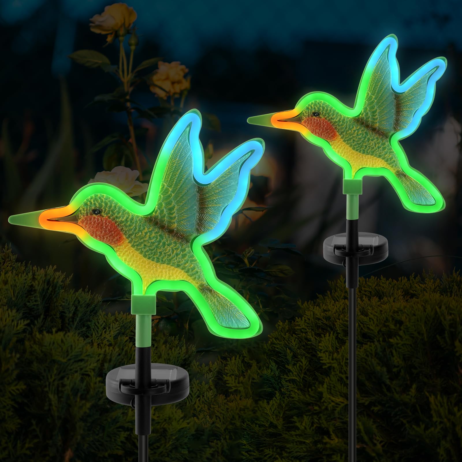 2 Pack Hummingbird Green Neon Solar Lights Outdoor Yard Hummingbirds Waterproof 