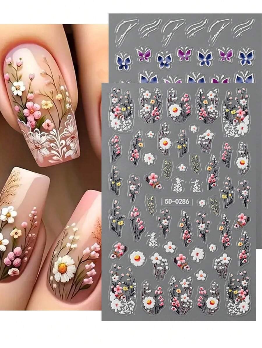 2 x 5D Flower Nail Stickers for Nail Art Colorful Floral Nail Art Sticker Decal 