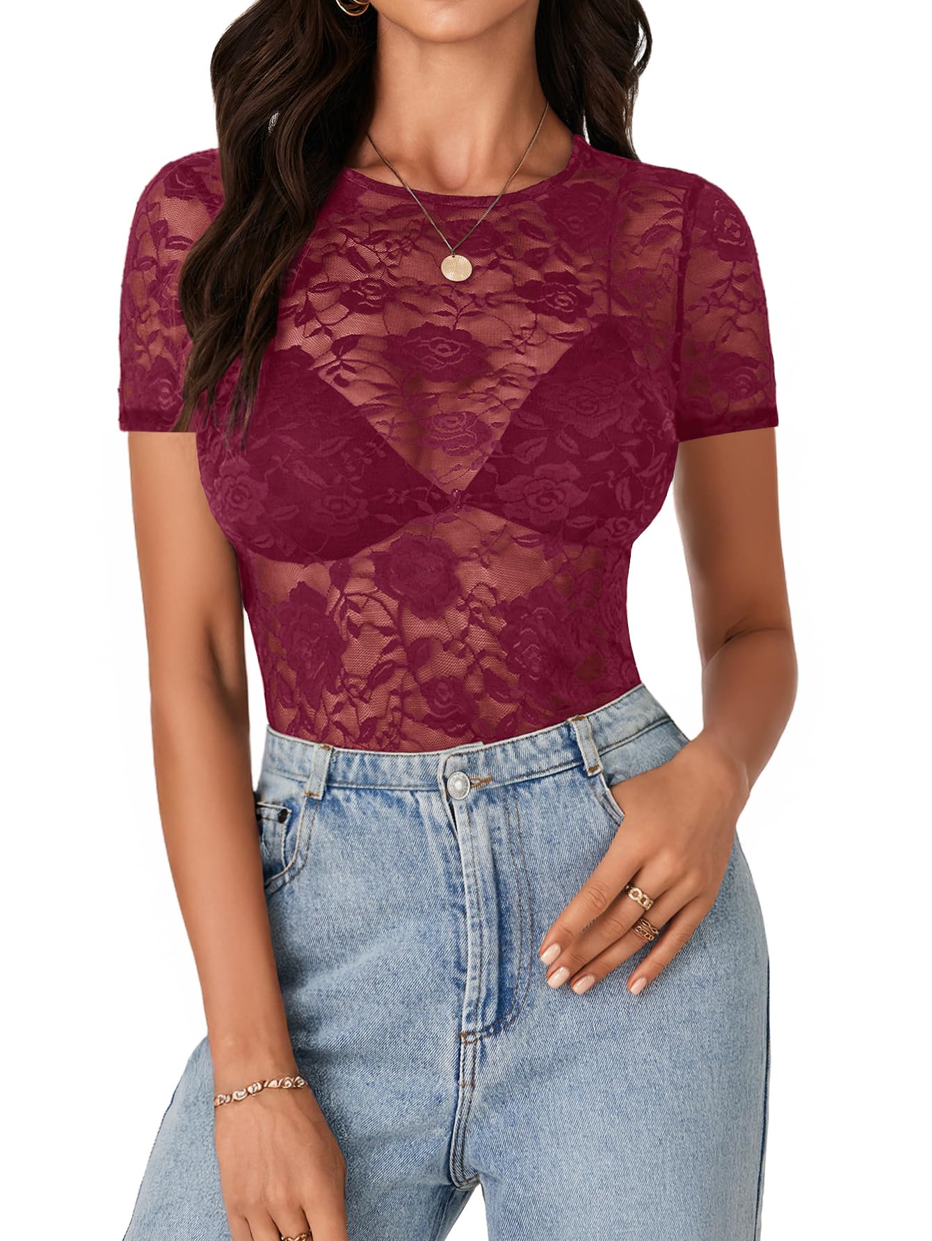 LYANER Women's Floral Lace Sexy Y2k Tee Tops