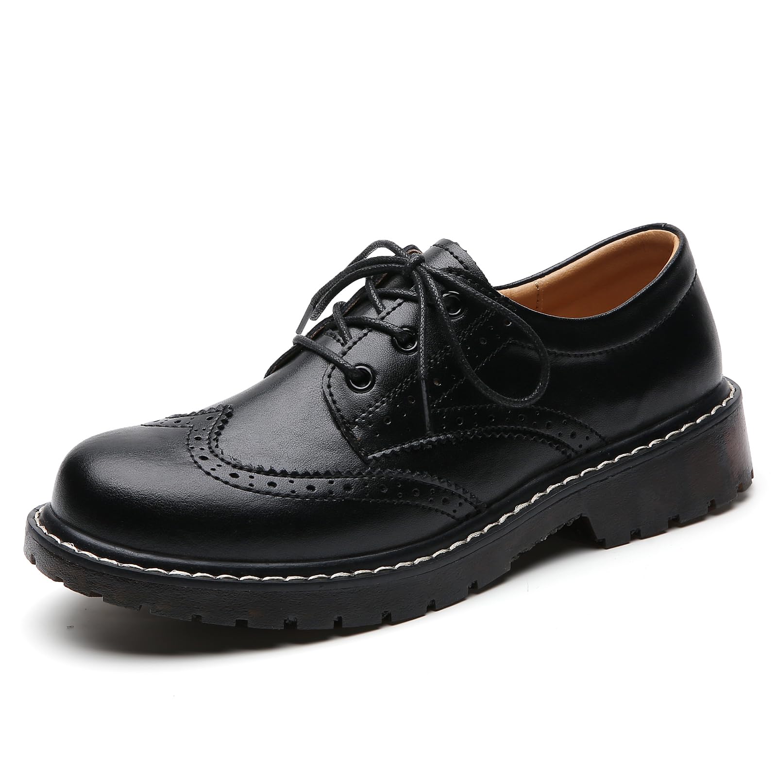 XMM Oxford Shoes for Women Women's Oxford Shoe Lace-Up Round Toe Leather Flat Cl
