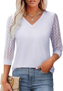 Spring Tops for Women 3/4 Sleeve V Neck Lace Blouse Dressy Casual Womens Tops S-XXL