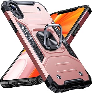 Anqrp Heavy Duty Case for iPhone XR Case with Enhanced Ring Holder Grip Stand, Military Grade Shockproof Rugged Drop Protective Silicone Hard Slim iPhone XR Phone Case Cover,Pink Gold