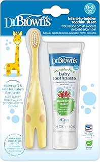 Dr. Brown’s™ Infant-to-Toddler Training Toothbrush Set, Giraffe with Fluoride-Free Strawberry Baby Toothpaste, 0-3 years