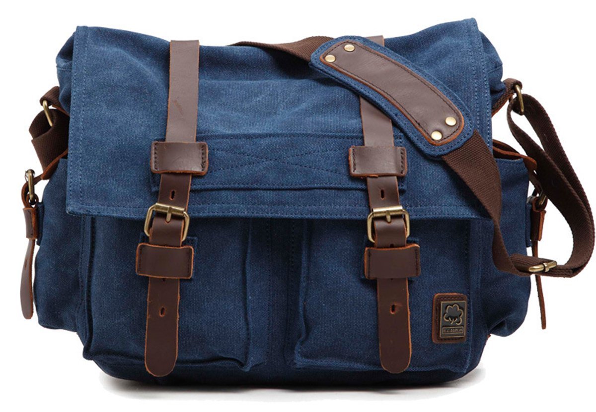 Sechunk Vintage Military Leather Canvas Laptop Bag Messenger Bags Medium
