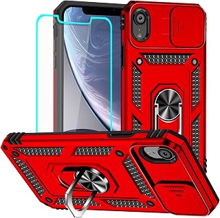 HNHYGETE for iPhone XR Phone Case with HD Screen Protector: [Military Grade 20ft. Drop Tested] Slide Camera Cover Ring Shockproof Protective Phone Case for - iPhone XR (Red)