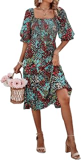 PRETTYGARDEN Women's Summer Casual Dresses 2025 Spring Puff Sleeves Square Neck A-line Flowy Boho Floral Smocked Midi Dress