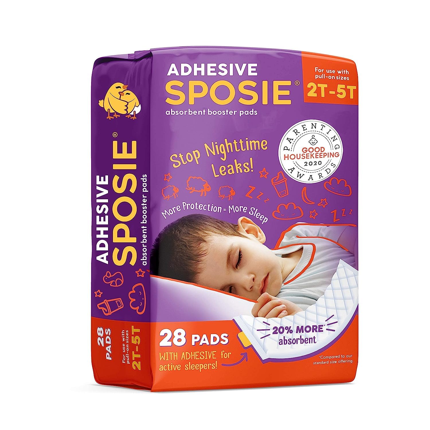 Sposie Overnight Diaper Booster Pads with Adhesive, Size 2T-5T, 28 Ct | Stops Di