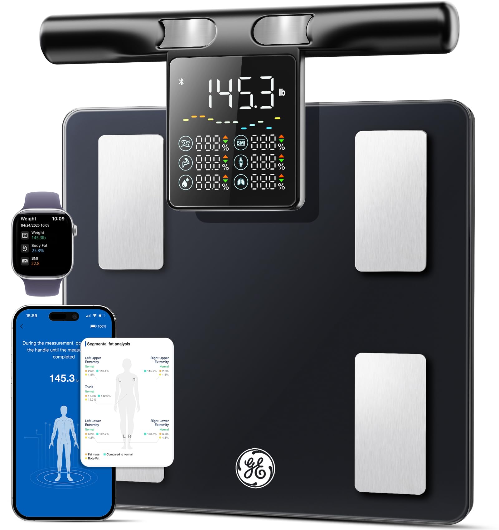 GE Smart Scale for Body Fat with BMI Muscle Mass: 5.3-inch Handle Display | 8-El