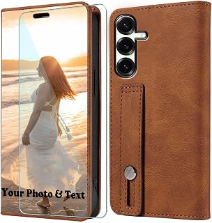Custom Flip Case for Samsung Galaxy A36 + 1 Pieces Tempered Glass,Customizable Your Own Image Name PU Leather Phone Case Cover for Galaxy A36 - Brown-DA