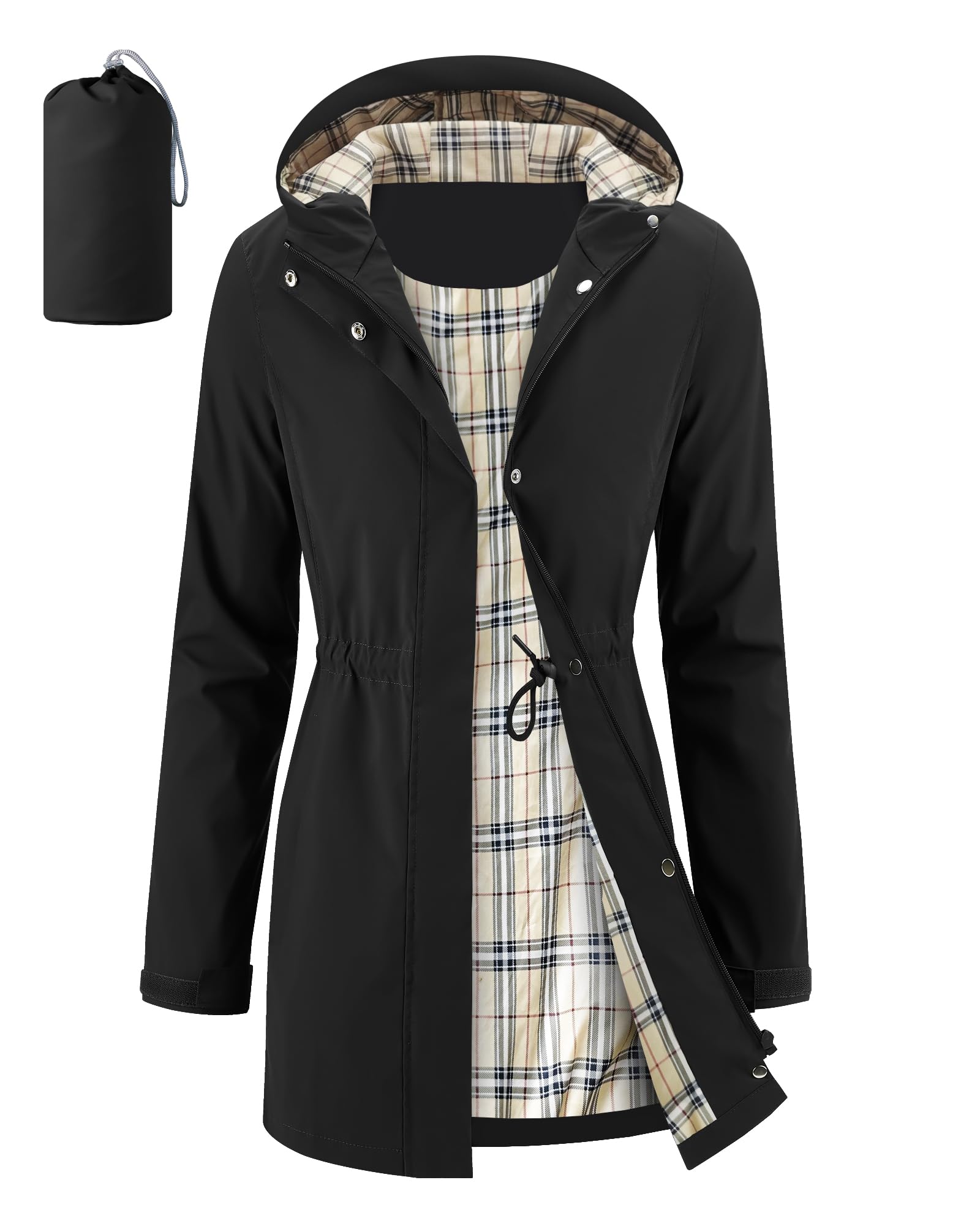 Women's Long Rain Jacket Waterproof Packable Hooded Raincoat