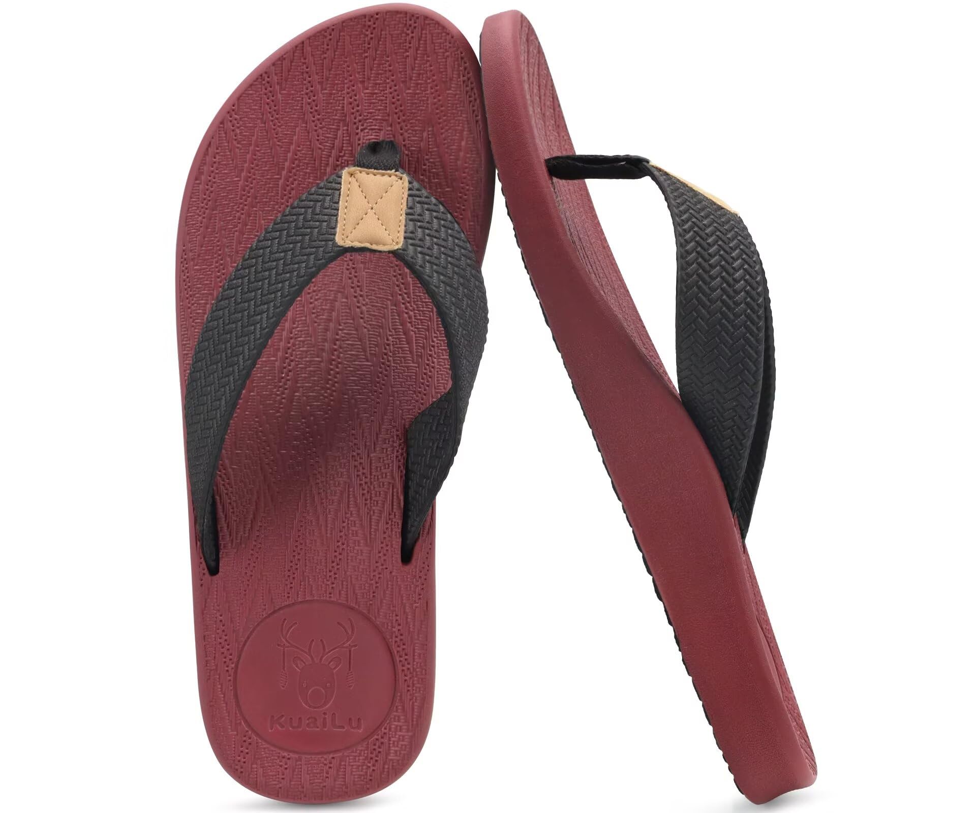 KuaiLu Mens Flip Flops Arch Support Thong Sandals Leather Walking