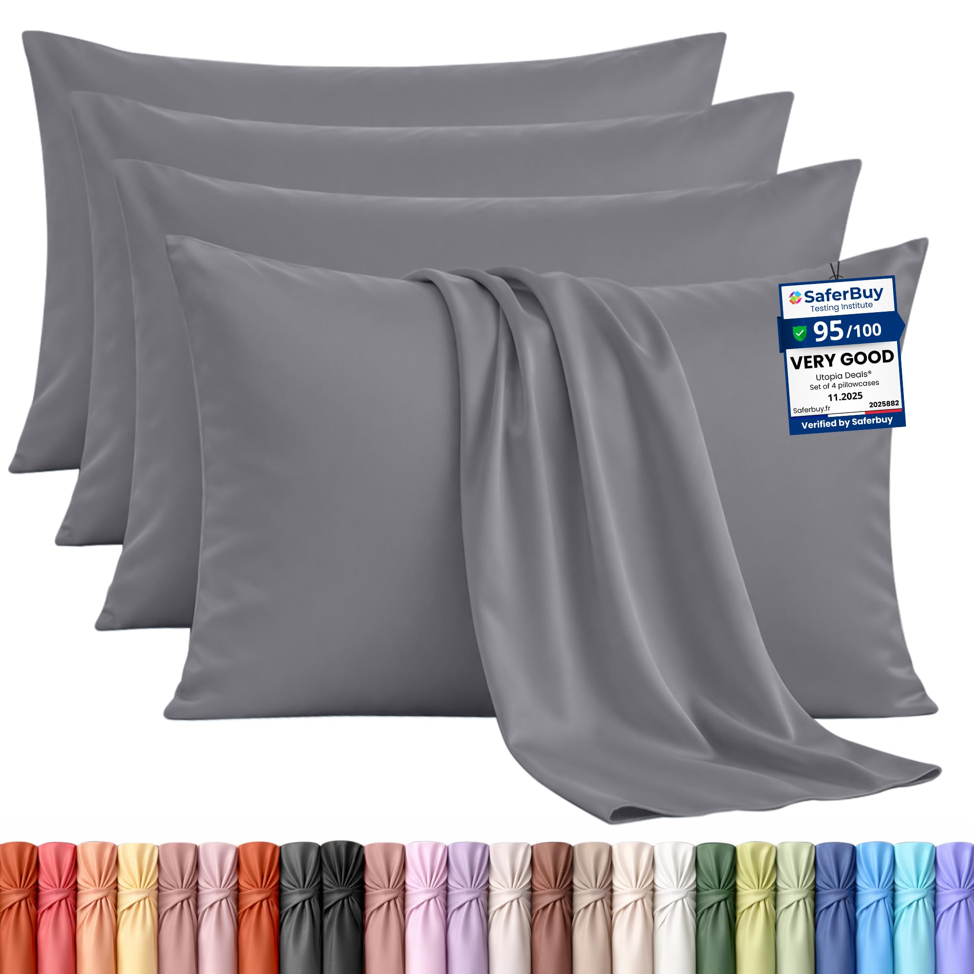 Utopia Bedding Pillowcases 4 Pack, Standard 50x75cm, Grey | Ultra Soft Hotel Qua