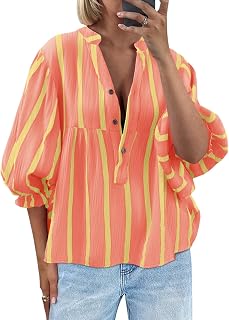 Tankaneo Women's Babydoll Puff Sleeve Summer Tops V Neck Striped Blouse Cute Casual Loose Fit Flowy Shirts