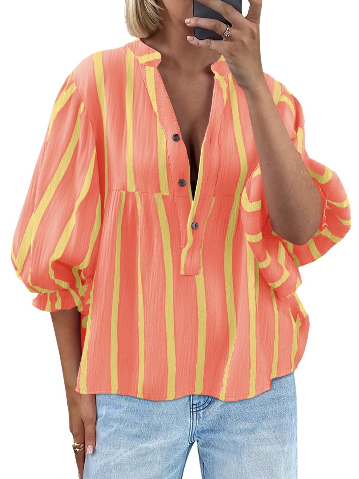 Tankaneo Women's Babydoll Puff Sleeve Summer Tops V Neck Striped Blouse Cute Cas