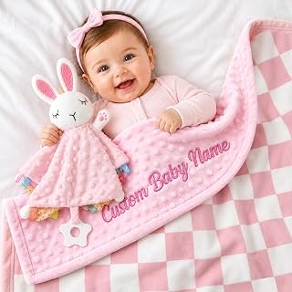 Personalized Baby Blanket and Bunny Lovey Set Baby Essentials For Boy Girls | Custom Baby Blanket Minky Dot Bunny Rabbit for Newborn Boy Girl Toddlers Shower Gift Women, Birthday Keepsake(Pink Gingham)