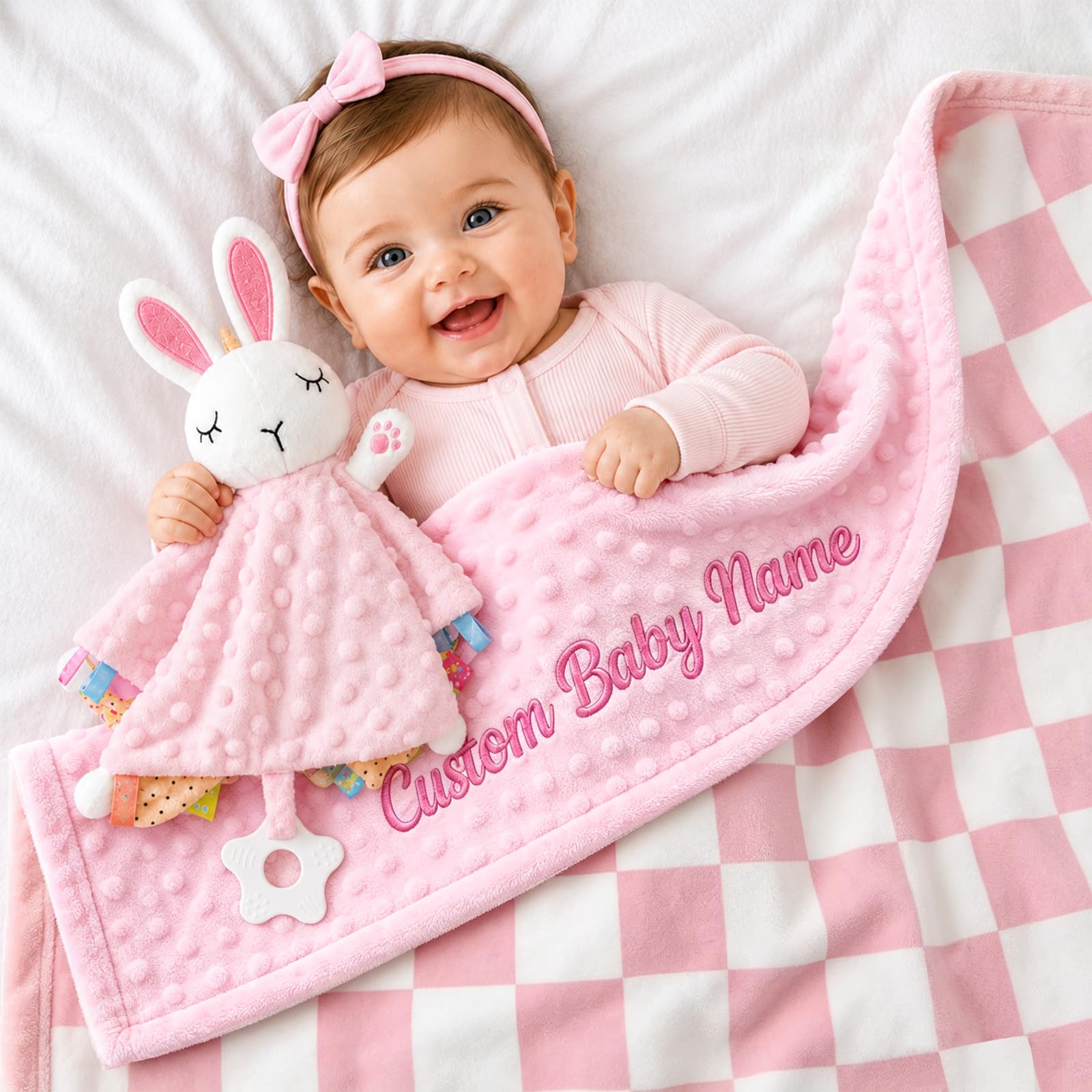 Personalized Baby Blanket and Bunny Lovey Set Baby Essentials For Boy Girls | Cu