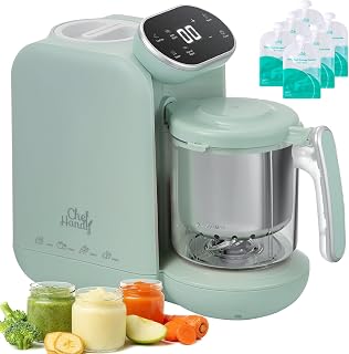 Chefhandy Baby Food Maker, Stainless Steel Steam Basket, Steamer &amp; Blender | One-step baby food processor with BPA-free food-contact parts, 6 reusable pouches, and recipe guide for homemade baby meals.
