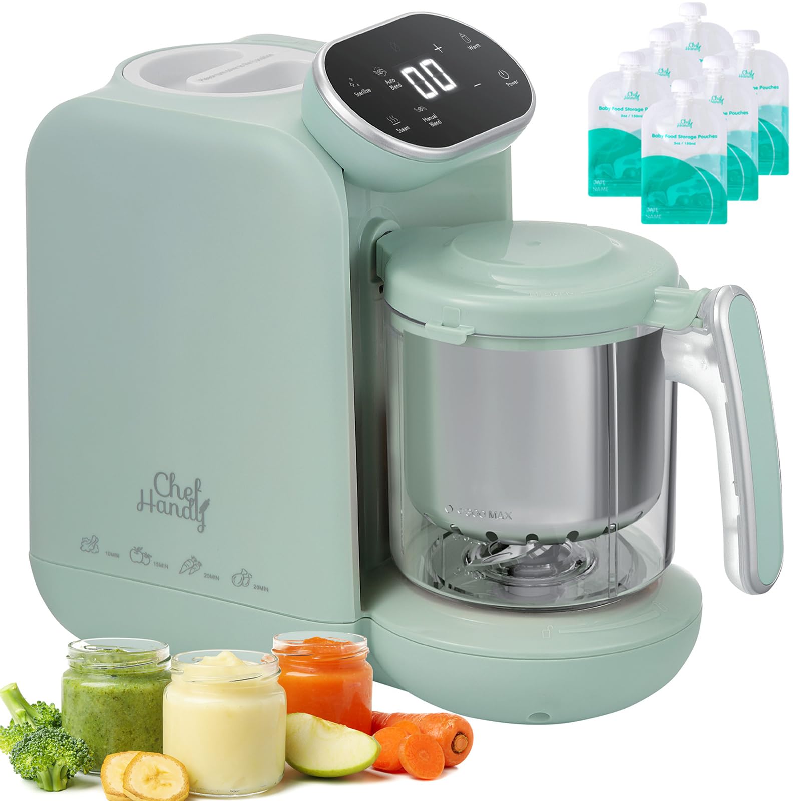 Chefhandy 5-in-1 Baby Food Maker with Stainless Steel Steam Basket, Green | One-