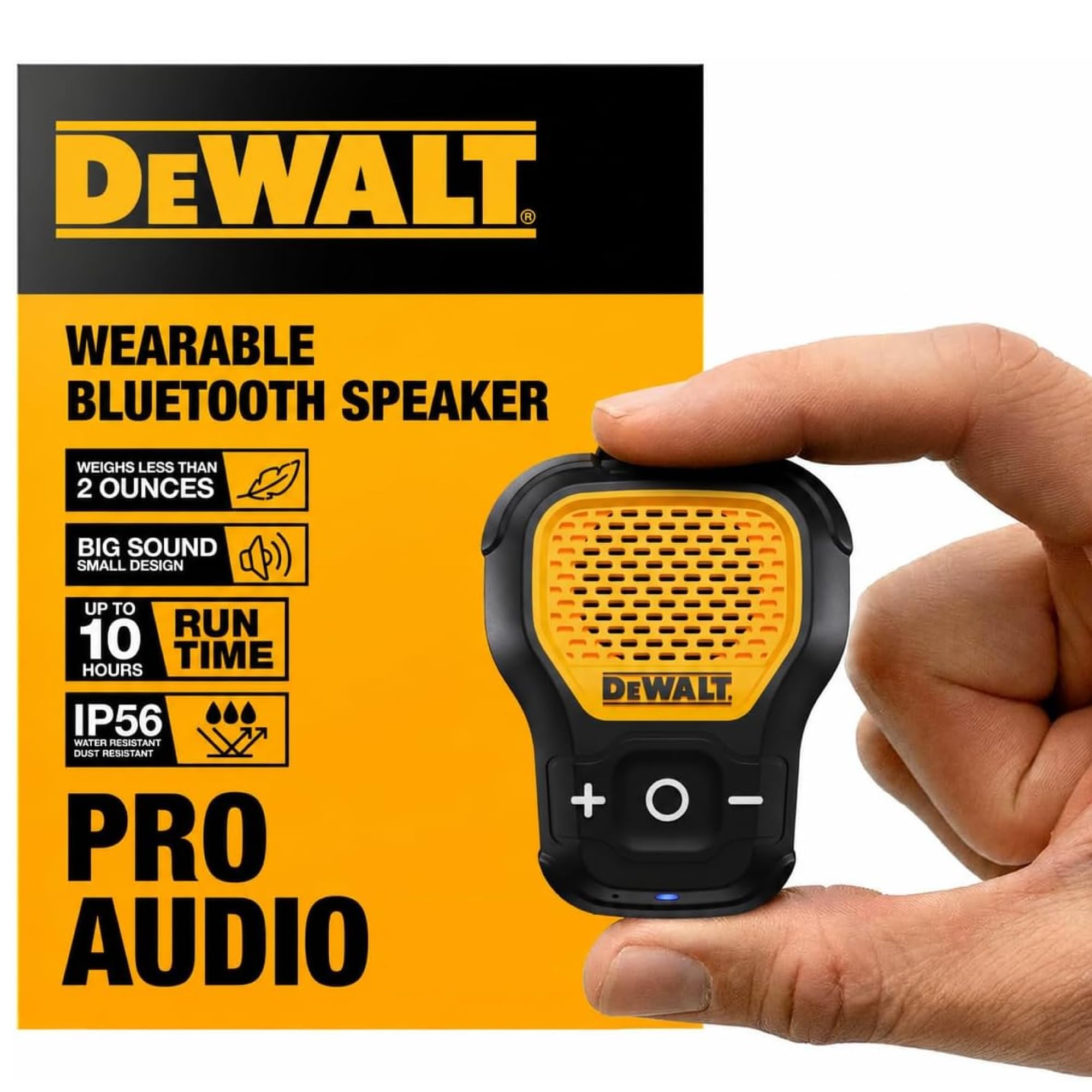 DEWALT Mini Wearable Bluetooth Speaker, Clip-On Jobsite Pro (Yellow) | Water-Res