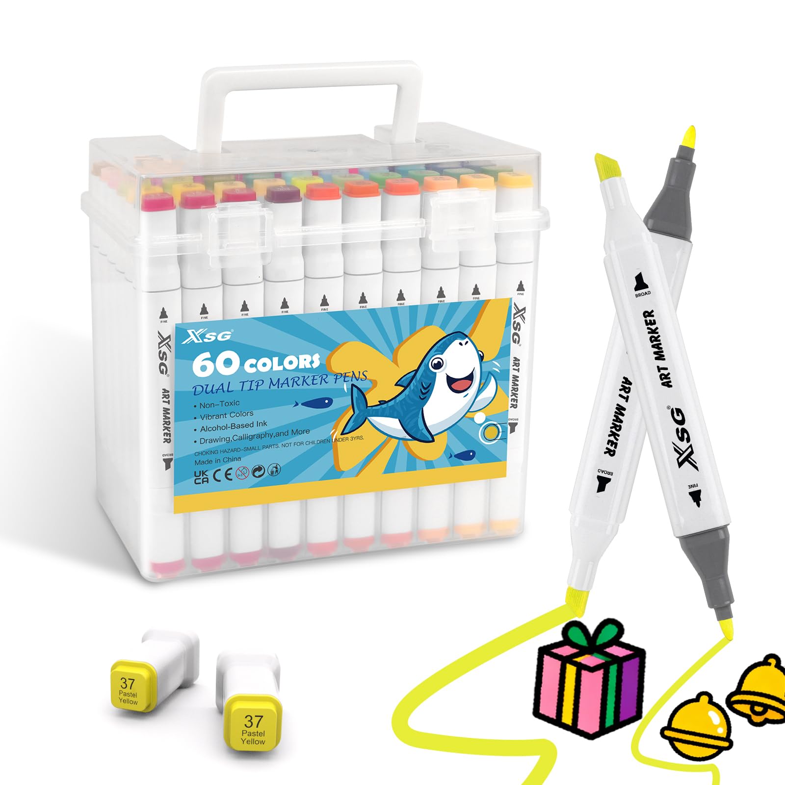 JINYAN 60‑Color Alcohol Markers Set, Fine & Chisel Tips with Plastic Case