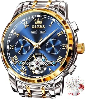 OLEVS Orologi a carica automatica per gli uomini Abito meccanico automatico Tourbillon in acciaio inossidabile doppio calendario impermeabile luminoso orologio da polso, Blu, Meccanico