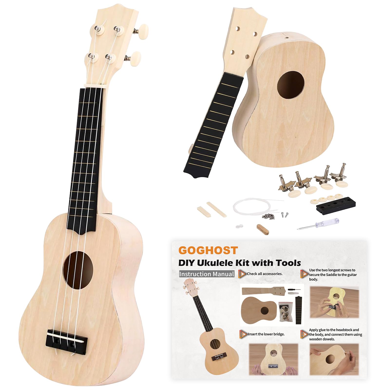 GOGHOST DIY Ukulele Kit with Tools（21 inch) | Build Your Own Soprano Ukulele Kit