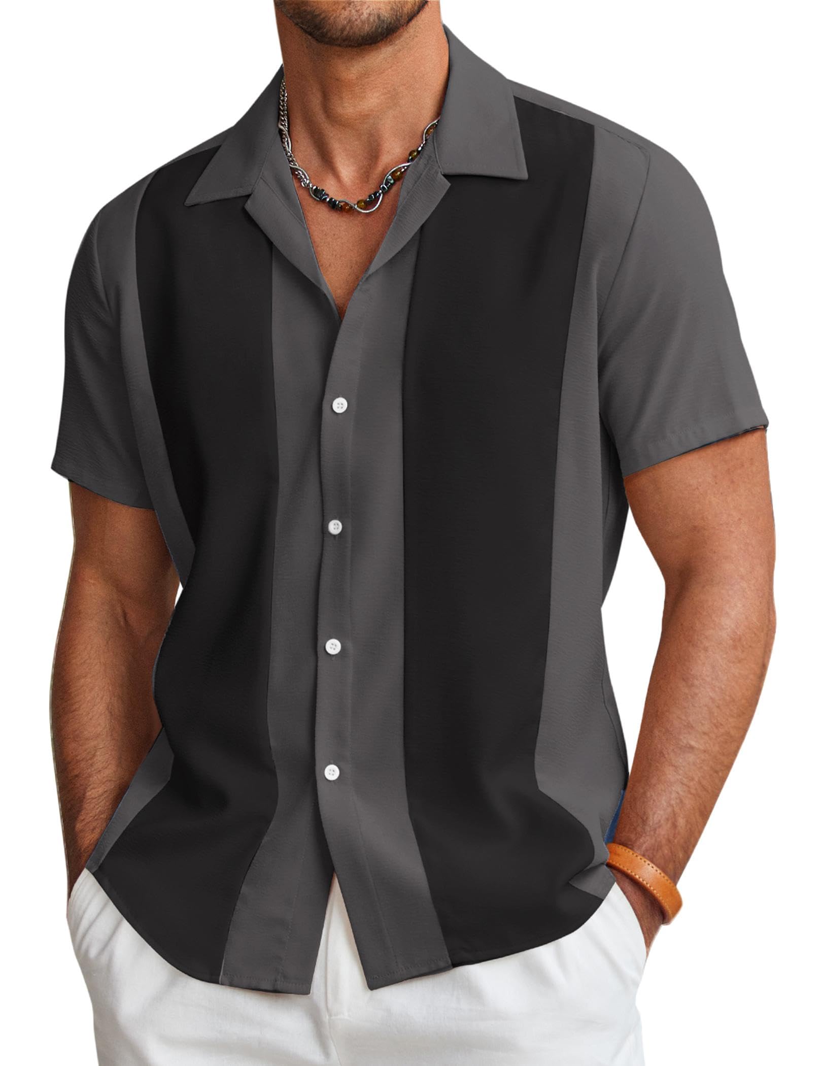 Coofandy Men's Vintage Bowling Shirt Short Sleeve Summer Button Down Cuba Beach 