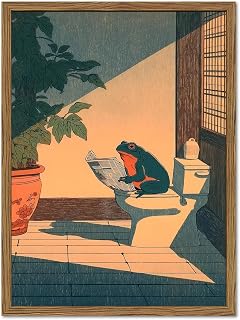 Funny Frog Bathroom Wall Art, Cute Japanese Frog in Toilet Wall Decor, Whimsical Green Animal Restroom Poster Canvas Painting Prints Artwork 12x16 inch Framed