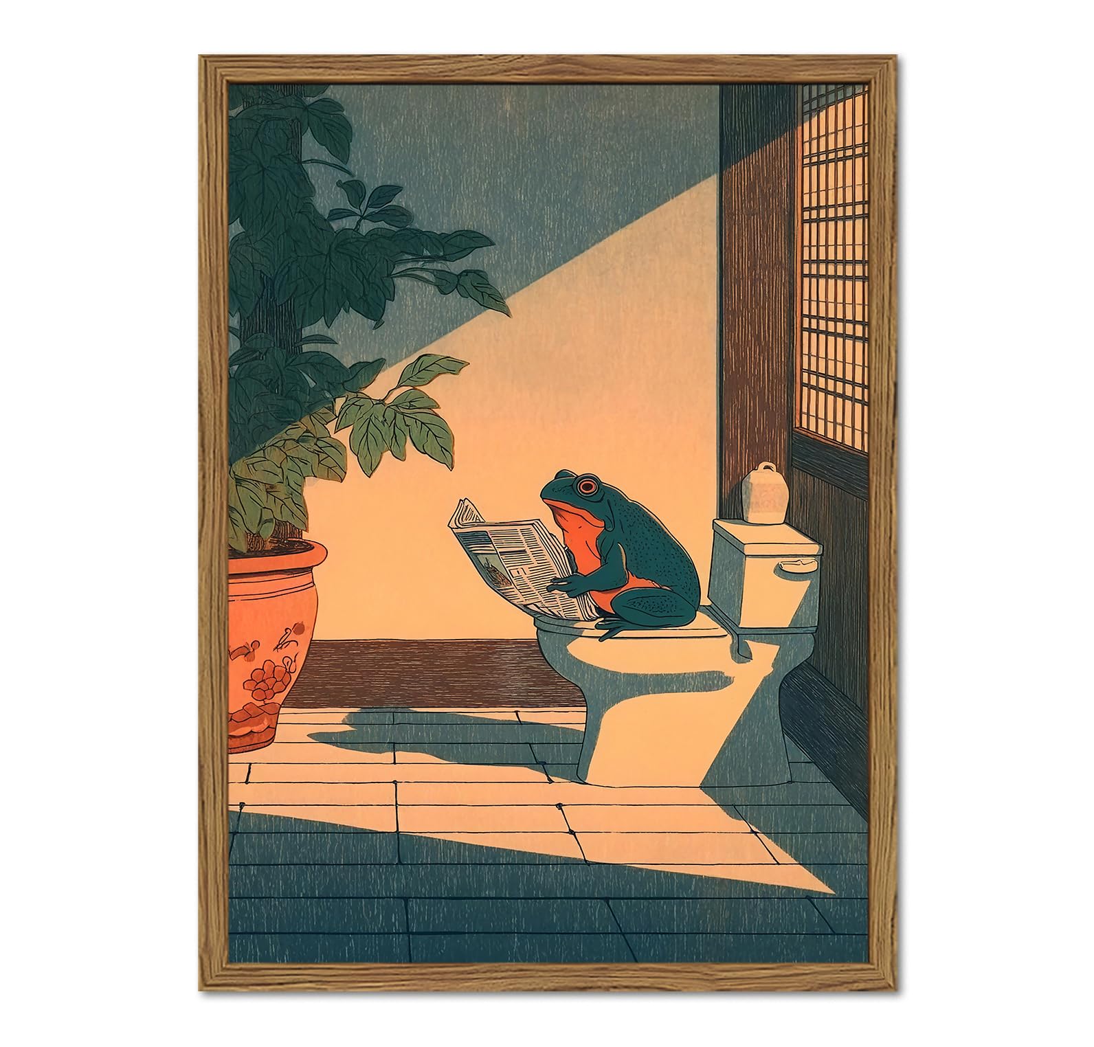 Funny Frog Bathroom Wall Art, Cute Japanese Frog in Toilet Wall Decor, Whimsical