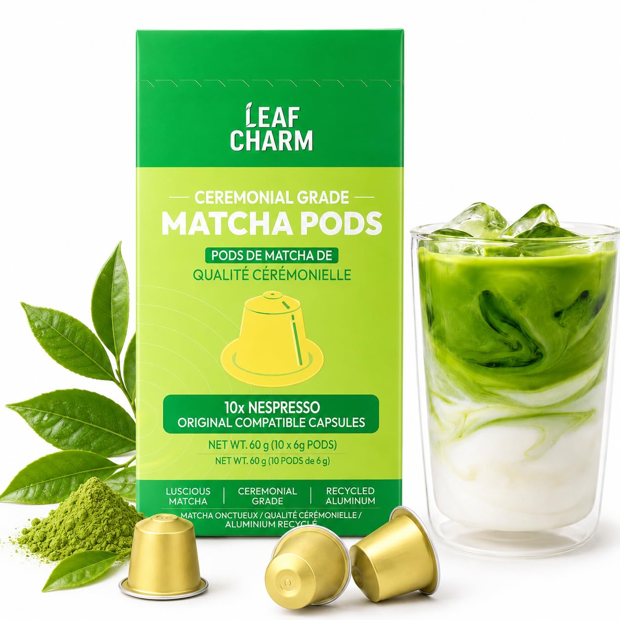 LeafCharm Ceremonial Grade Matcha Pods for Nespresso Original Line - Premium Gre
