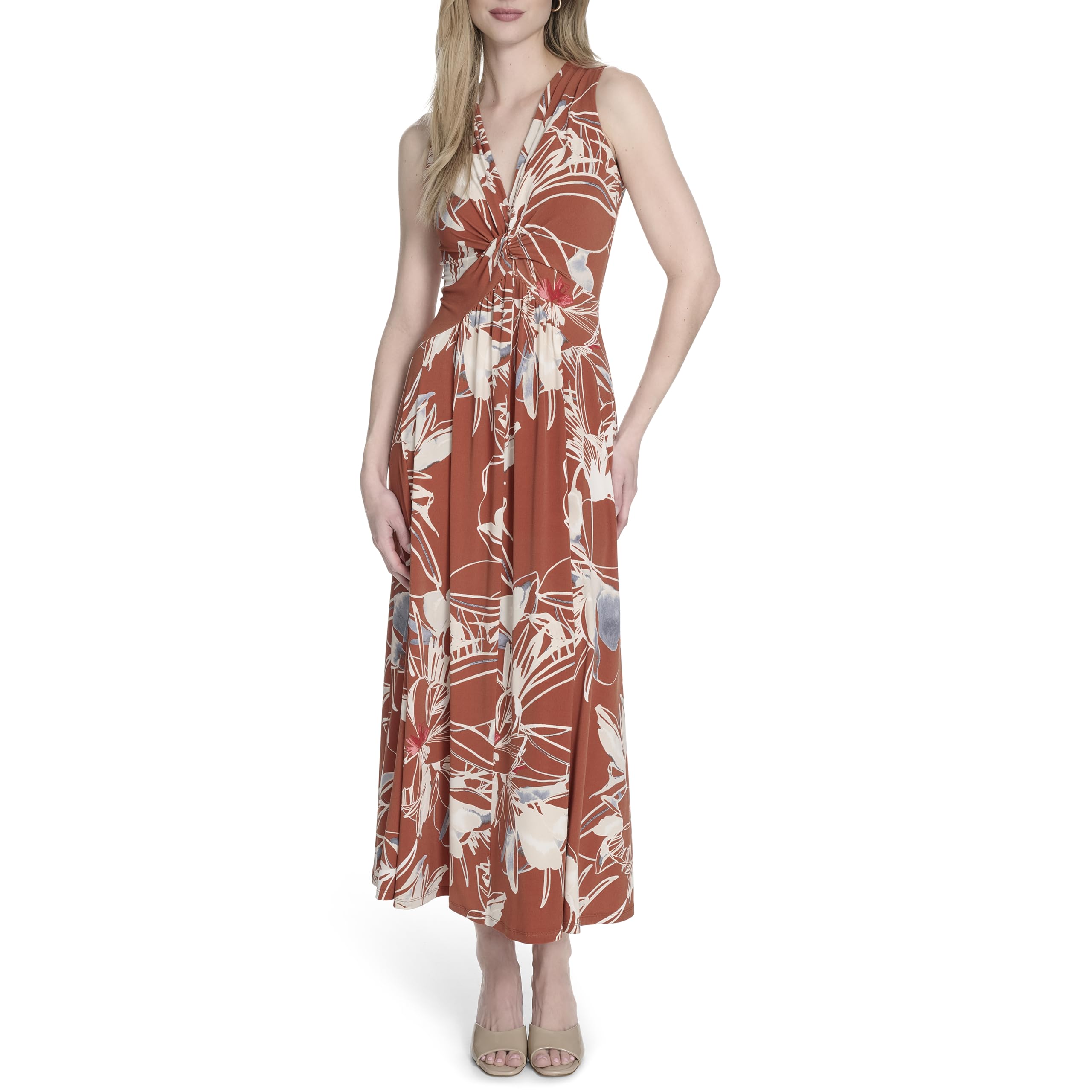Calvin Klein Women's Sleeveless Knotted V-Neck A-line Maxi Dress