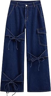 CIDER Women Loose Jeans Low Rise Straight Leg Bowknot Denim Pants