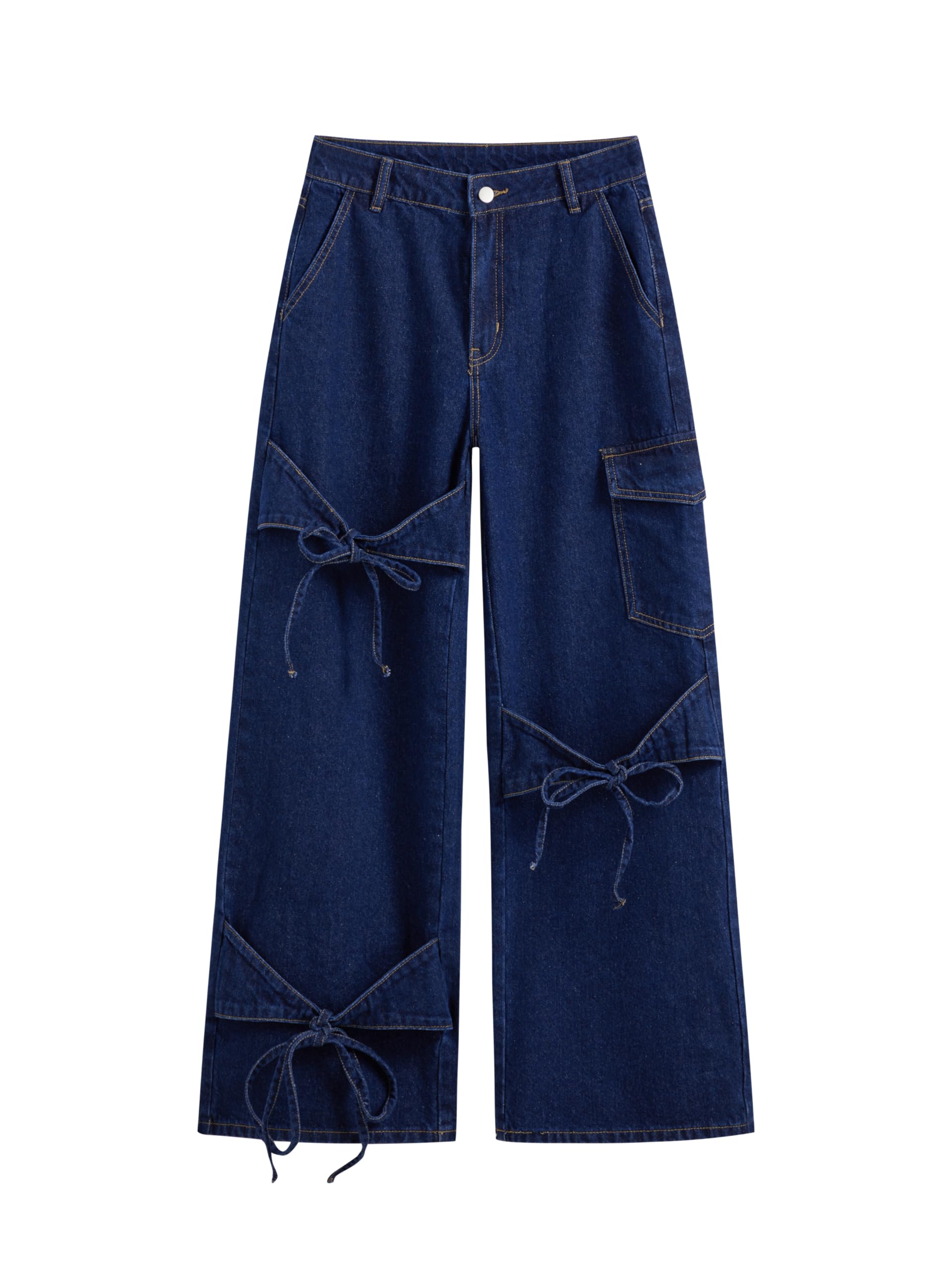 CIDER Women Loose Jeans Low Rise Straight Leg Bowknot Denim Pants
