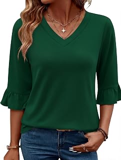 LOMON 3/4 Length Sleeve Womens Tops 2026 Spring V-Neck Ruffle Blouses Dressy Casual Shirts Beach Vacation Tunic
