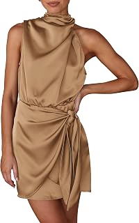 PRETTYGARDEN Ladies Short Dress Formal Satin 2023 Summer Sleeveless Neck Tie Waist Cocktail Party Dresses