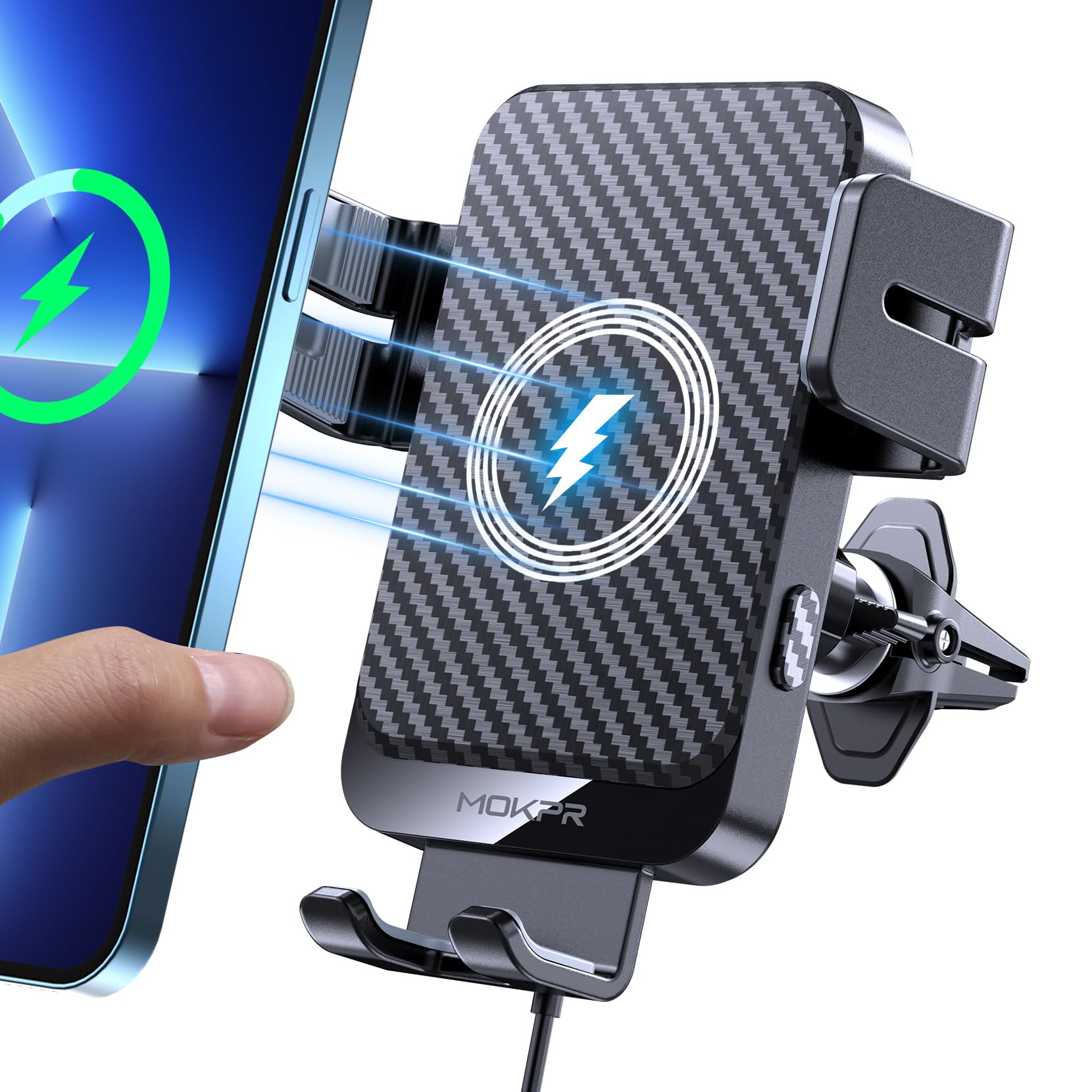 MOKPR Car Phone Holder Wireless Charger, 15W Wireless Car Charger | Auto-Clampin
