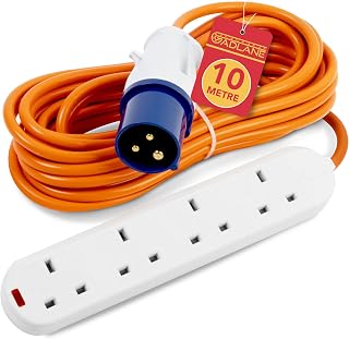 GADLANE Camping Electric Hook Up Cable - 10M Electric Hook Up for Camping | Heavy Duty, 10 Metre 16A Caravan Extension Lead, 4 UK Plug Sockets, for Mobile Homes, Refrigerated Vehicles, High Visibility