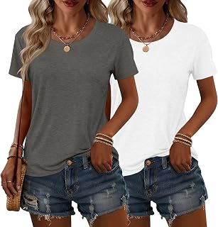 KILISU 2枚 レディース 半袖 Tシャツ クルーネック 無地 ソフト ベーシック Tシャツ カジュアル ルーズフィット 軽量 サマートップス 服 2026
