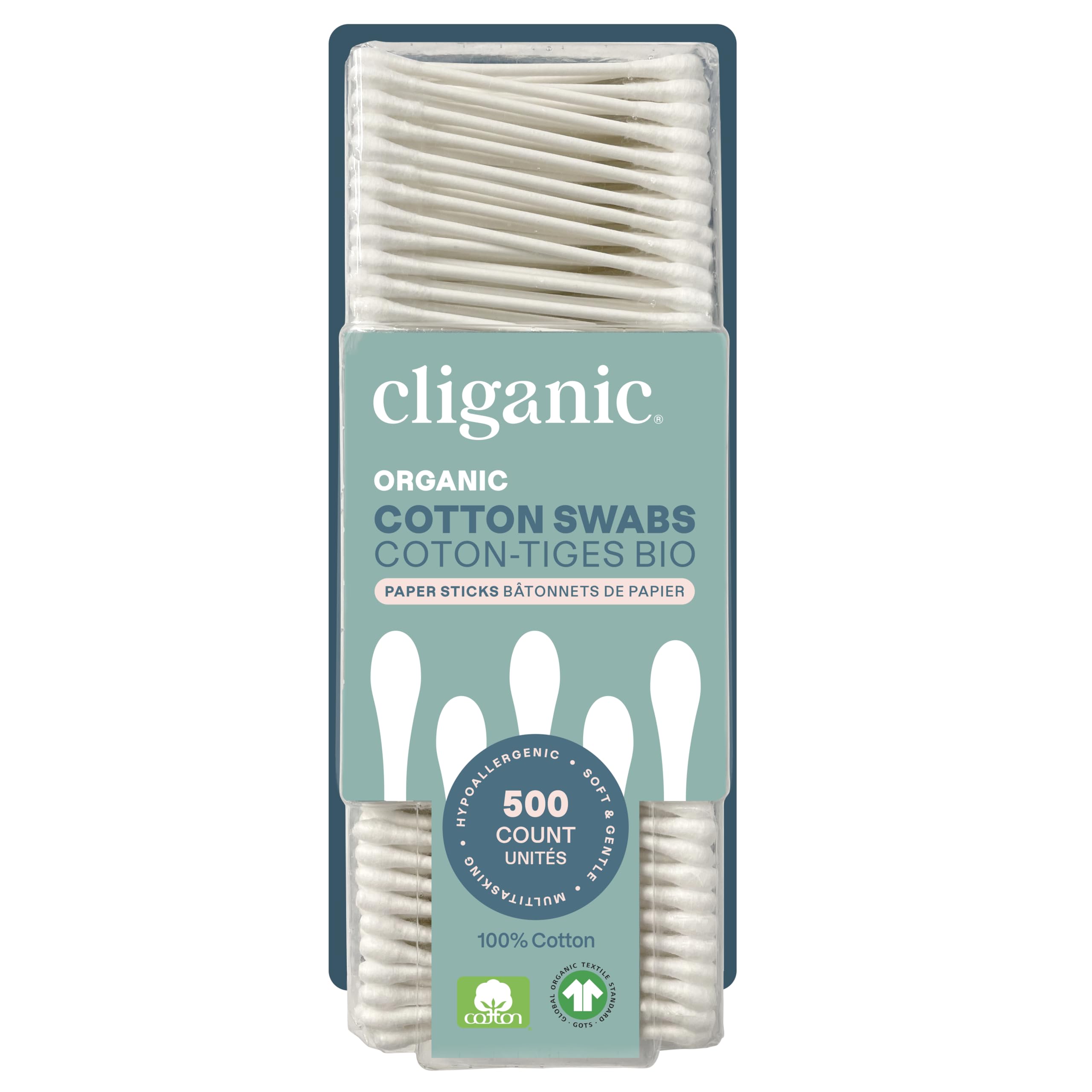 Cliganic Organic Cotton Swabs, 500 Count - 100% Pure Natural Cotton, Chlorine-Fr