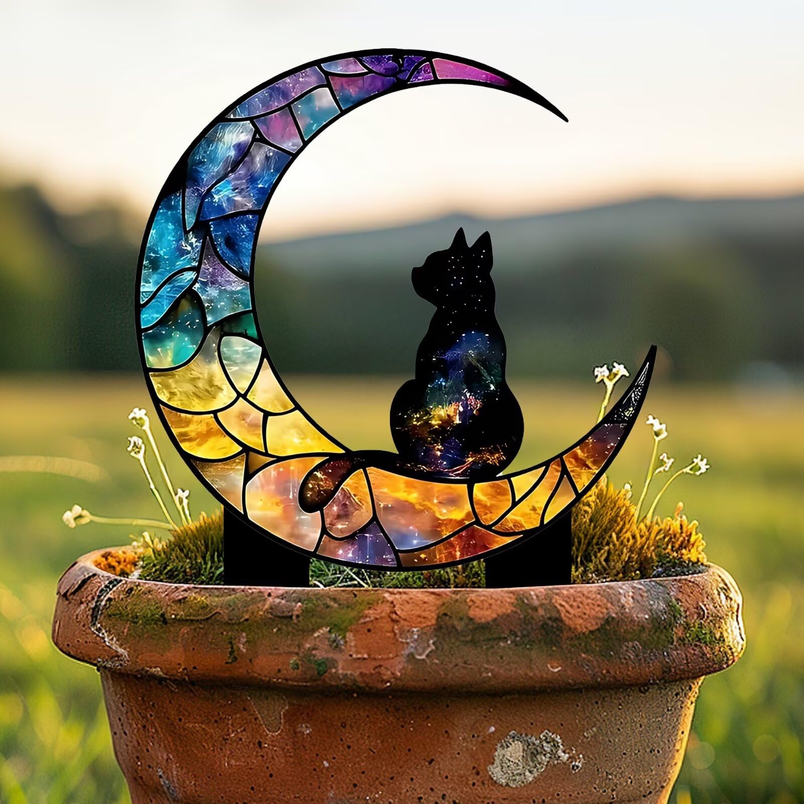 Cat on the Moon Acrylic Garden Stake Indoor Outdoor Ideal Gift for Potted Orname