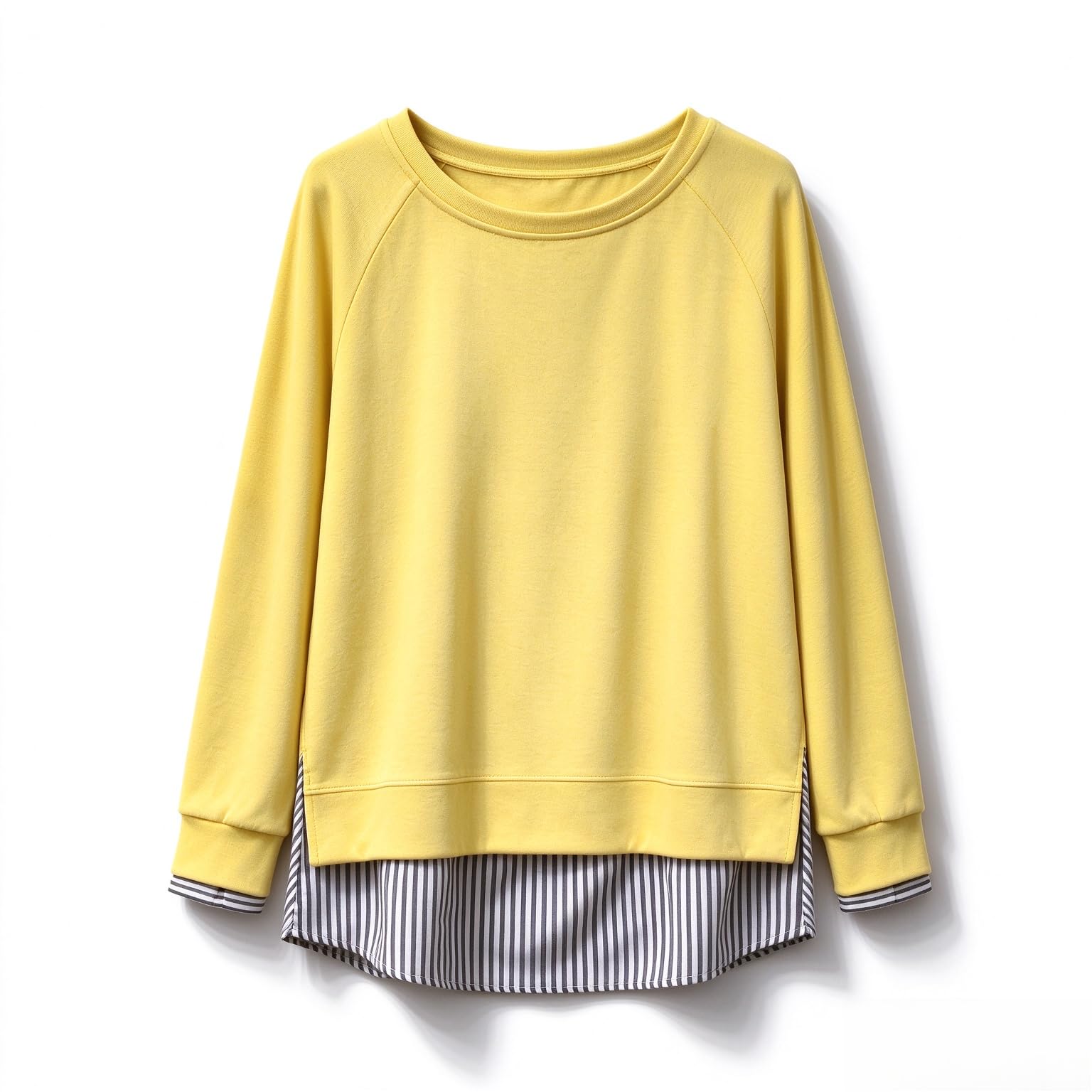 Women's 2-in-1 Striped Hem Long Sleeve Faux Sweatshirt