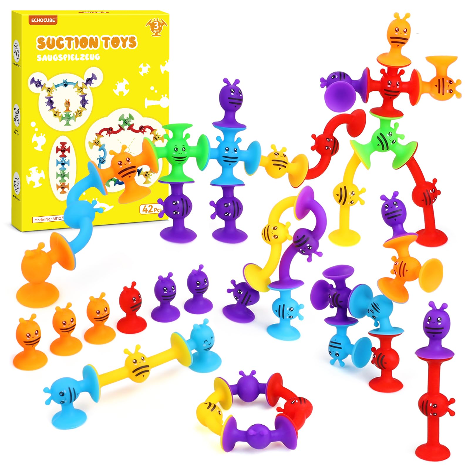 ECHOCUBE Suction Toys, 42 Pcs Suction Cup Bath Toys for Kids 3+ Years Old, Senso