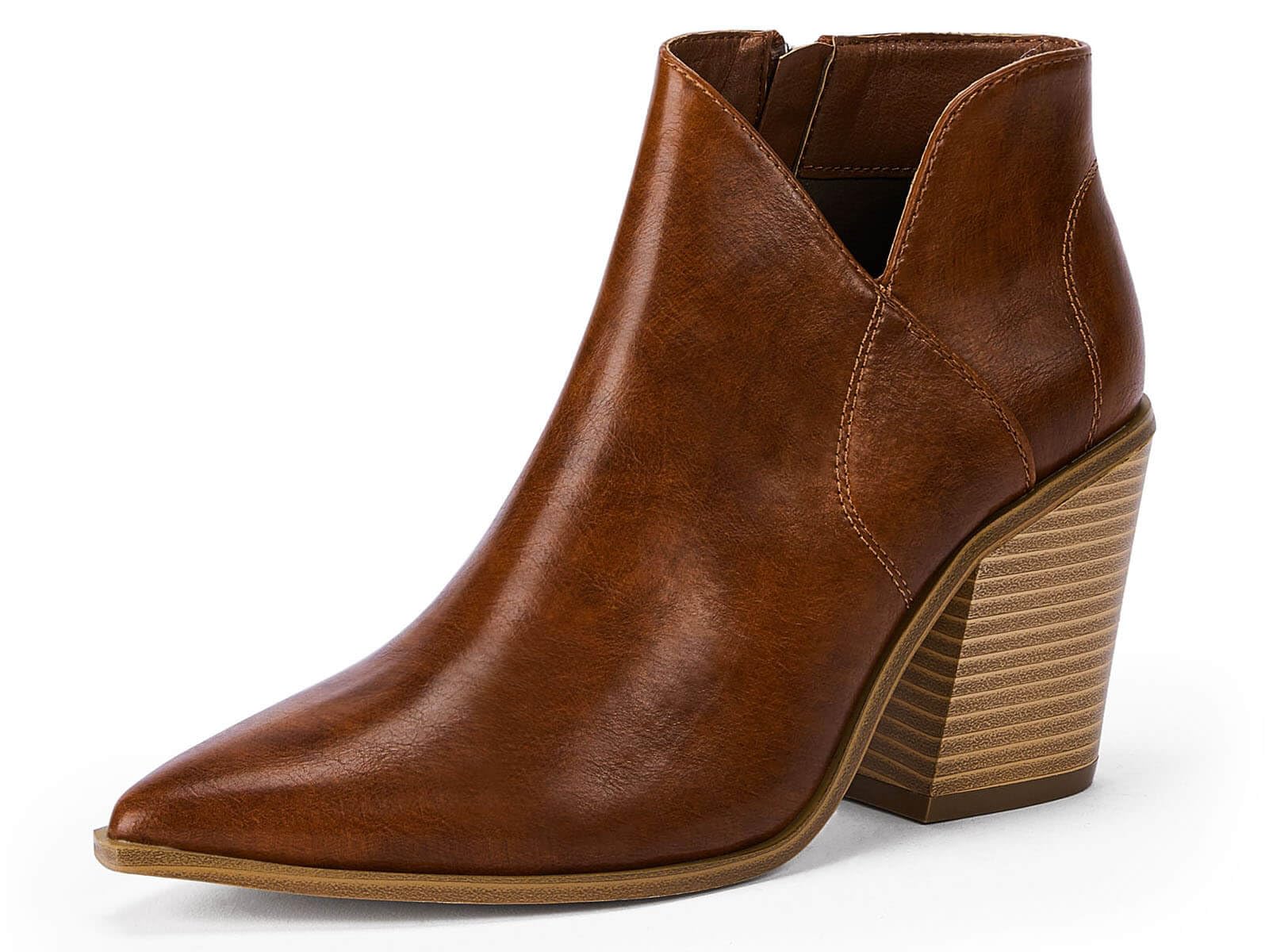 Womens Pointed Toe Ankle Boots Block Stacked Chunky Heel Cutout Side Zipper Fall