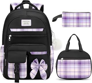 Girls Backpack for School, 3PCS Backpack with Lunch Box & Pencil Pouch for Teens Girl Kids Elementary Middle High School College Student Bookbag Laptop Daypack for Women, Black Purple tartan