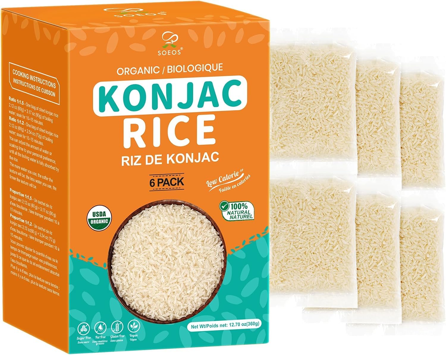 Soeos Organic Dried Konjac Rice, 6 Pack (60g Each), Plant-Based, Quick-Cooking R