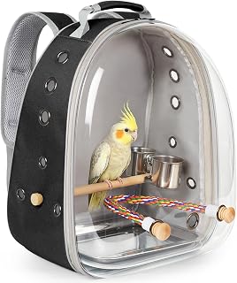 Bird Traval Carrier Cage, Multi Vent Holes Clear Space Capsule Astronaut Backpack to Carry Parakeet Cockatiel Parrot with Metal Tray Wood Perch, Vet Transport Bag