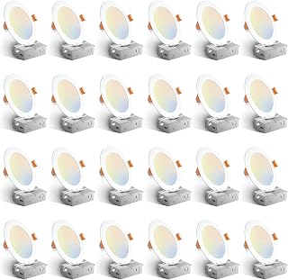 Amico 24 Pack 6 Inch LED Recessed Light with Junction Box, 5CCT, 1050LM | 12W, 2700K-5000K, 5%-100% Dimmable, 120V, White, Metal Housing, Ultra-Thin Canless Wafer Downlight, ETL, FCC, IC & Damp Rated