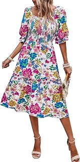 PRETTYGARDEN Women's Summer Casual Dresses 2026 Spring Puff Sleeve Square Neck A Line Flowy Boho Floral Smocked Midi Dress